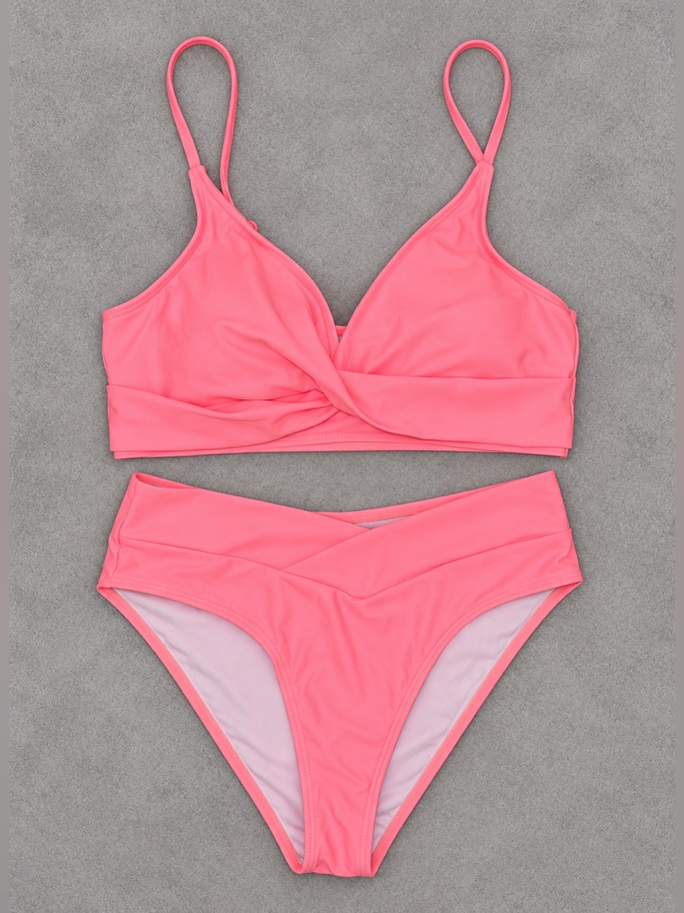 Tainehs Women's Bikini Set - V Neck Twist Front, Coral Pink - Size Small
